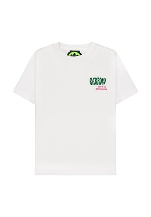 T-shirt bianca a maniche corte con scritta verde "BARROW" e slogan rosa "Let's be Adventures" sul petto in alto a sinistra.