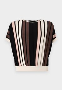 Crop-top i mjukt material med vertikala ränder i svart, rosa, vitt och brunt. Kort ärm och rund halsringning.