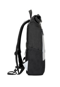 Backpack with black fabric, roll-top closure, side mesh pocket, and reflective accents. Features padded straps and ergonomic design.