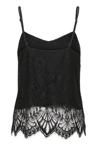 Svart blonde cami-top med justerbare stropper, med et geometrisk design øverst og en bølget blondehem med blomstermønster.