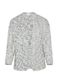 Gebreide cardigan in een wit en grijs gespikkeld patroon. Open voorkant met driekwartmouwen. Zachte textuur en een ontspannen pasvorm.