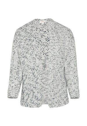 Strickjacke im weißen und grauen gestrichelten Muster. Offene Vorderseite mit Dreiviertelärmel. Weicher Stoff und entspannter Schnitt.