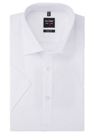 Weißes Hemd mit Knopfleiste, klassischem Kragen, tailliertem Schnitt, glatter Textur und fünf Knöpfen an der Vorderseite. Markenlabel innen angebracht.
