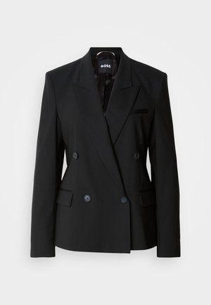 Sort dobbeltbrystet blazer lavet af glat stof, med en skarp krave, to frontlommer og diskrete knapper til lukning.