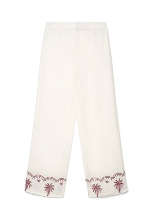 Weiße Hosen mit weitem Bein, verziert mit bordeauxroten Bestickungen von Palmen und Muscheln am Saum, mit Gürtelschlaufen und einem sauberen, glatten Vorderteil.
