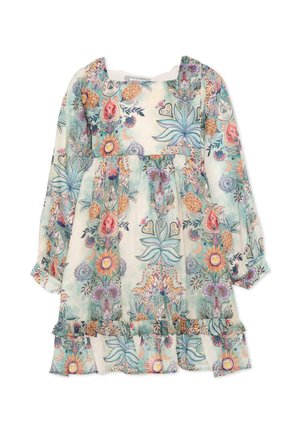 Długa sukienka dziecięca z długim rękawem i falbaną u dołu, ozdobiona kolorowymi wzorami kwiatów, tygrysa i słońca na jasnoniebieskim i kremowym tle.