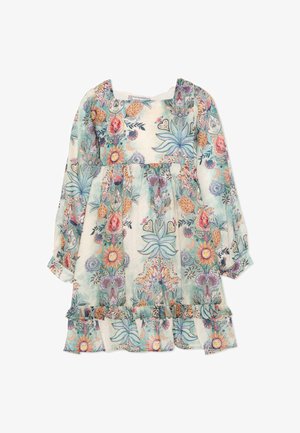 Vestito per bambini a maniche lunghe con orlo arricciato, caratterizzato da motivi colorati di fiori, tigre e sole su uno sfondo azzurro chiaro e crema.