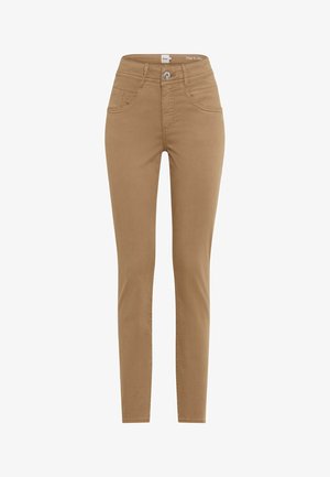 Schmal geschnittene Damenhose in Hellbraun mit vorderer Knopfleiste, Reißverschlussverschluss, zwei vorderen und zwei hinteren Taschen sowie Gürtelschlaufen.