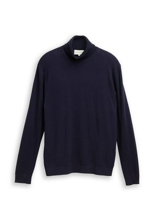 Dunkelblauer Rollkragenpullover aus weichem Material, mit langen Ärmeln, einem gerippten Rollkragen und einem einfachen, nahtlosen Design.