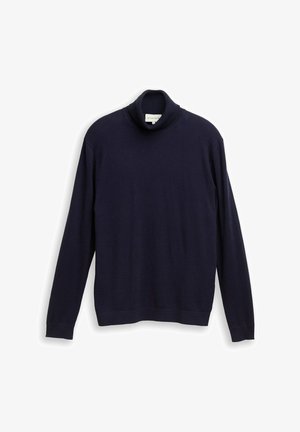 Dunkelblauer Rollkragenpullover aus weichem Material, mit langen Ärmeln, einem gerippten Rollkragen und einem einfachen, nahtlosen Design.