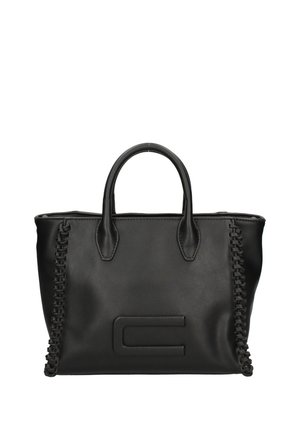 Schwarze Lederhandtasche mit zwei Griffen, dekorativer Naht entlang der Seiten und einem erhöhten rechteckigen Logo in der vorderen Mitte.