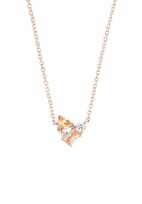 Roze gouden ketting met drie geometrisch gevormde kristallen: twee amberkleurige en één heldere. Het ontwerp omvat een gekoppelde ketting.