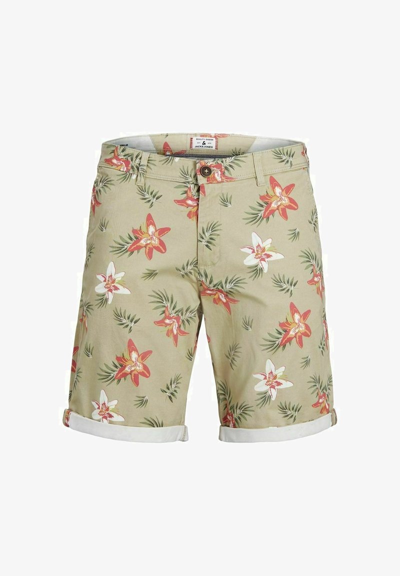 Short beige pour homme avec un imprimé floral rouge, blanc et vert, doté d'une fermeture par bouton et d'ourlets retroussés.