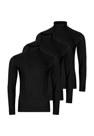 Trzy czarne, długie golfy z długim rękawem ułożone w przesuniętym rzędzie na białym tle.