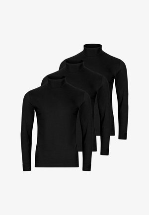 Drei schwarze Langarmrollkragen-Shirts sind in versetzter Reihe auf weißem Hintergrund angeordnet.