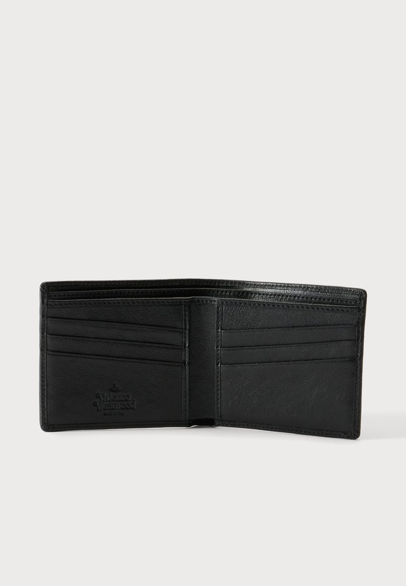 Black leather bifold wallet open to show six card slots and two larger compartments on a plain light background.
