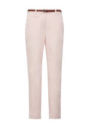 Light pink tailored trousers with a slim fit, featuring a smooth texture, front pockets, and a brown belt with a circular buckle.