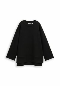 Zwarte oversized sweatshirt met lange mouwen, verlaagde schouders en geribbelde manchetten, voorzien van een gelaagde zoomdetails.