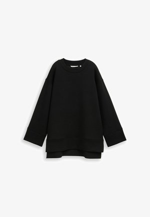 Zwarte oversized sweatshirt met lange mouwen, verlaagde schouders en geribbelde manchetten, voorzien van een gelaagde zoomdetails.