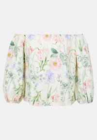 Blusa floreale off-the-shoulder in tessuto color crema chiaro. Presenta maniche a sbuffo con motivi di fiori nei colori pastello di rosa, viola e verde. Tessuto morbido.