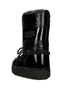 Zwarte glanzende winterboot met een gevoerde bovenkant, ronde neus en een gestructureerde zool. Heeft een logo op de schacht en zwarte veters.