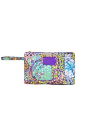 Borsetta rettangolare da polso con motivo paisley e floreale multicolore in blu, viola, giallo e verde, con toppa logo viola.