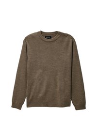 Pull en maille marron avec un col rond, des manches longues et trois boutons sur l'épaule gauche. Texture lisse, style décontracté.