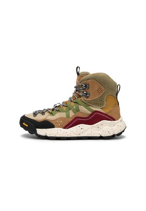 Lace-up hiking boot featuring a mix of tan and olive suede with burgundy accents, a speckled cream sole, and metallic hardware. Textured fabric and vibrant laces.
