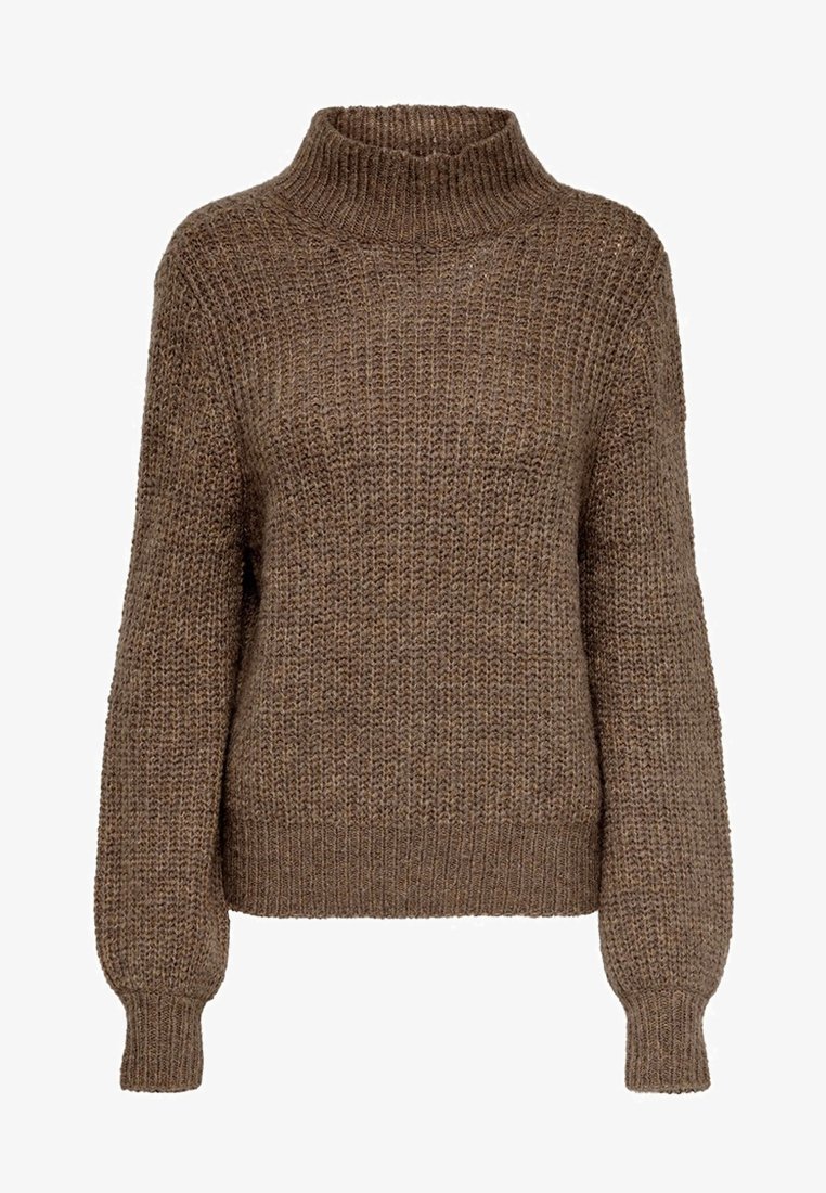 Brauner gestrickter Pullover mit hohem Rollkragen, langen Ärmeln und gerippten Bündchen. Verfügt über ein strukturiertes Muster für optisches Interesse.