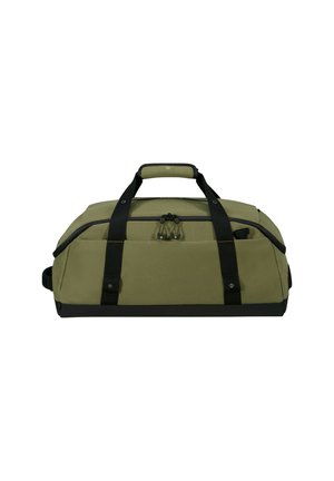 Olive green duffel bag with black handles, zipper closure, and side pockets, shown against a white background.