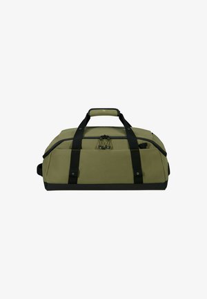 Olive green duffel bag with black handles, zipper closure, and side pockets, shown against a white background.