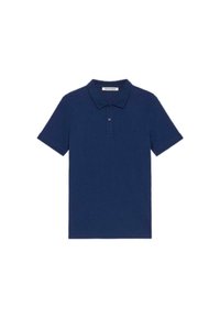 Polo en coton bleu marine avec col classique, manches courtes et un logo discret sur la poitrine gauche. Design à ourlet plat.