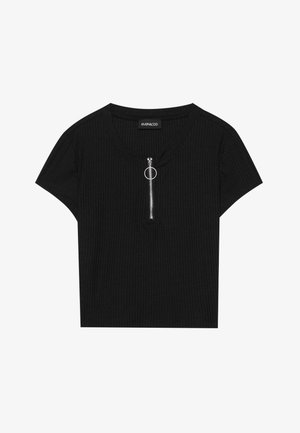 Fekete bordázott, rövid ujjú felső, kerek nyakkivágással és elöl cipzárral, fém gyűrűs húzóval, texturált anyagból készült.