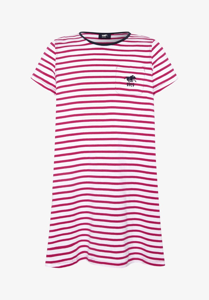 Robe blanche à manches courtes avec rayures rouges horizontales, col rond bordé de noir et poche poitrine avec logo cheval noir et texte.