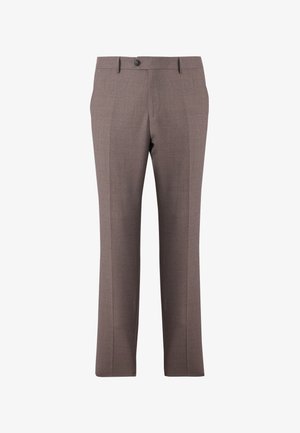Pantalon habillé marron ajusté avec plis avant, fermeture à bouton, passants de ceinture et poches latérales, affiché sur fond blanc.
