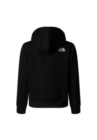 Črni pulover s kapuco z mehko teksturo in logotipom na zgornjem delu hrbta. Rebrasti manšeti in spodnji rob zagotavljata prileganje.