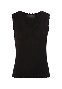 Haut en tricot sans manches noir avec décolleté en V et bords festonnés au niveau du col, des emmanchures et de l'ourlet.