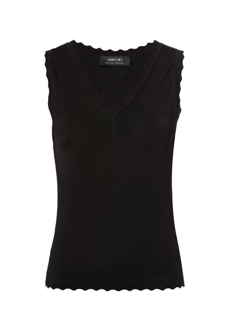 Haut en tricot sans manches noir avec décolleté en V et bords festonnés au niveau du col, des emmanchures et de l'ourlet.