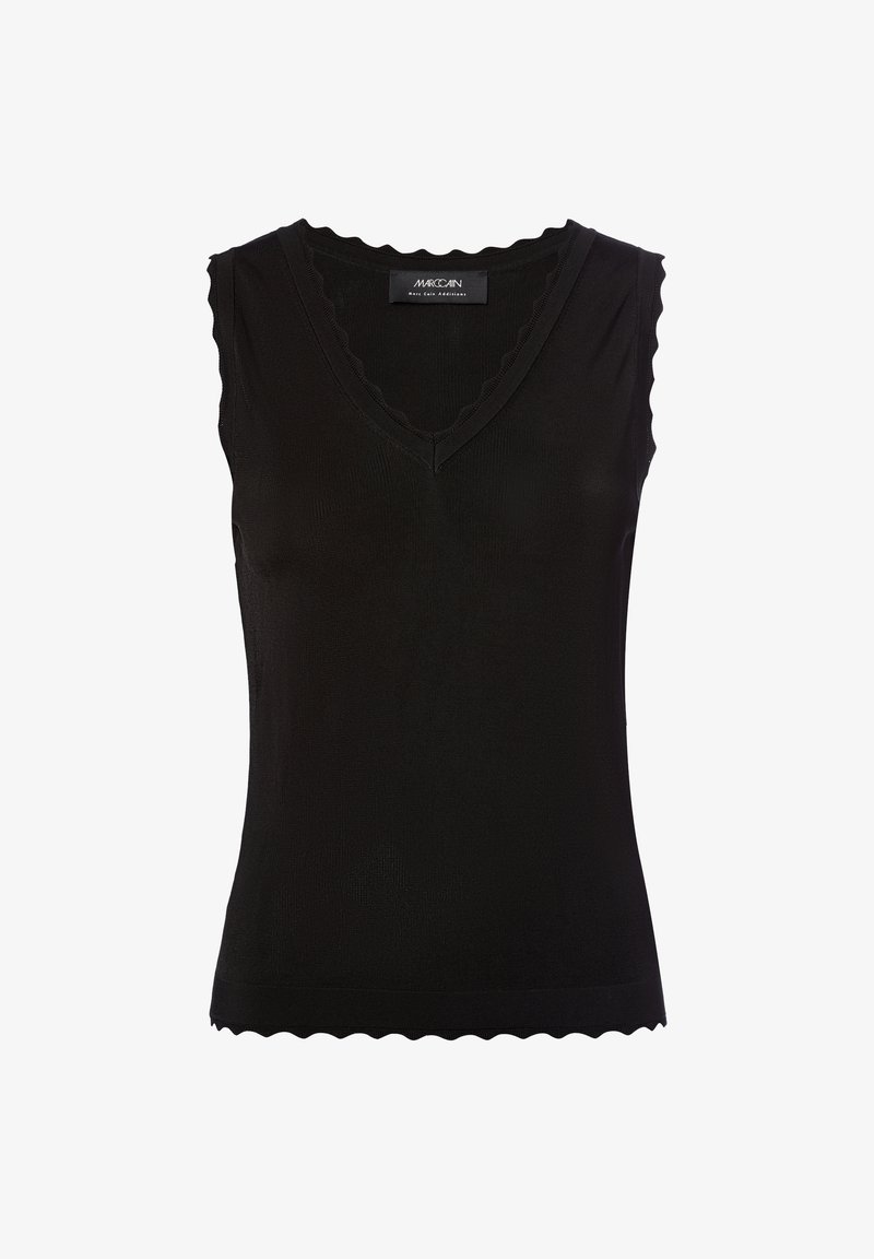 Haut en tricot sans manches noir avec décolleté en V et bords festonnés au niveau du col, des emmanchures et de l'ourlet.