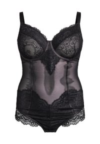 Lingerie nera con corpo traslucido, dettagli in pizzo lungo i bordi, coppe sagomate e spalline regolabili. Presenta intricati motivi floreali.