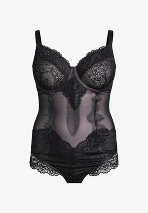 Schwarze Dessous mit transparentem Oberteil, Spitzendetails an den Kanten, geformten Cups und verstellbaren Trägern. Verfügt über komplizierte Blumendekore.