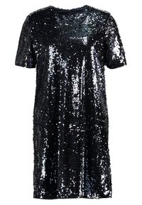 Svart kortärmad klänning täckt av glänsande paljetter med rund halsringning och dragkedja bak.