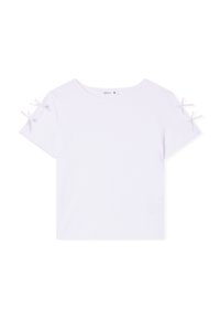 T-shirt bianco a maniche corte con scollo rotondo, dotato di piccoli lacci sulle maniche. Realizzato in un morbido tessuto a coste. Taglia S.