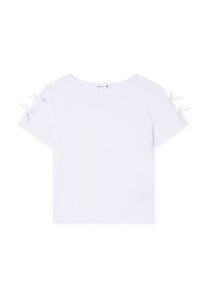 Biały krótki rękaw T-shirt z okrągłym dekoltem, z małymi wiązaniami na rękawach. Wykonany z miękkiej, prążkowanej tkaniny. Rozmiar S.