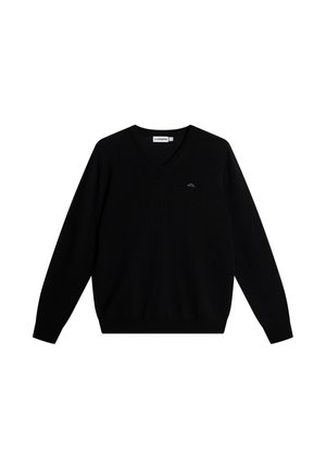 Sort langærmet V-hals sweater med ribbet manchetter og kant, med en lille broderet logo på venstre bryst.