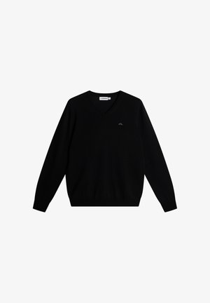 Zwart trui met lange mouwen en V-hals, voorzien van geribbelde manchetten en zoom, met een klein geborduurd logo op de linkerborst.
