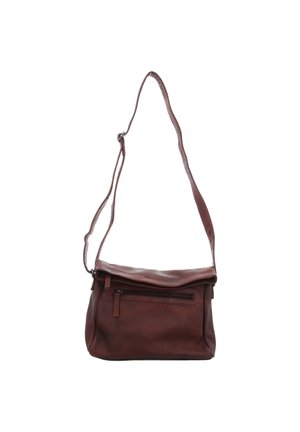 Braune Leder-Umhängetasche mit verstellbarem Riemen und vorderer Reißverschlusstasche, dargestellt vor weißem Hintergrund.