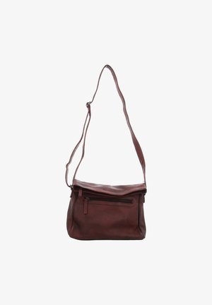 Brown leather crossbody bag with adjustable strap and front zippered pocket, shown against a white background.