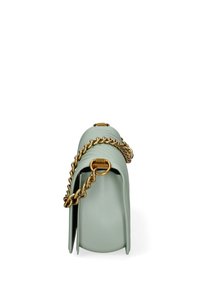 Mintgroene leren handtas met een gladde textuur, voorzien van een gouden kettingstrap en een ronde, gestructureerde silhouette.