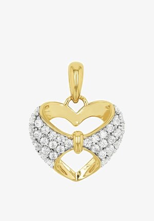 Gouden hart-hanger met diamantachtige stenen, met een holle center. Gladde afwerking bovenop met een gestructureerd oppervlak eronder.
